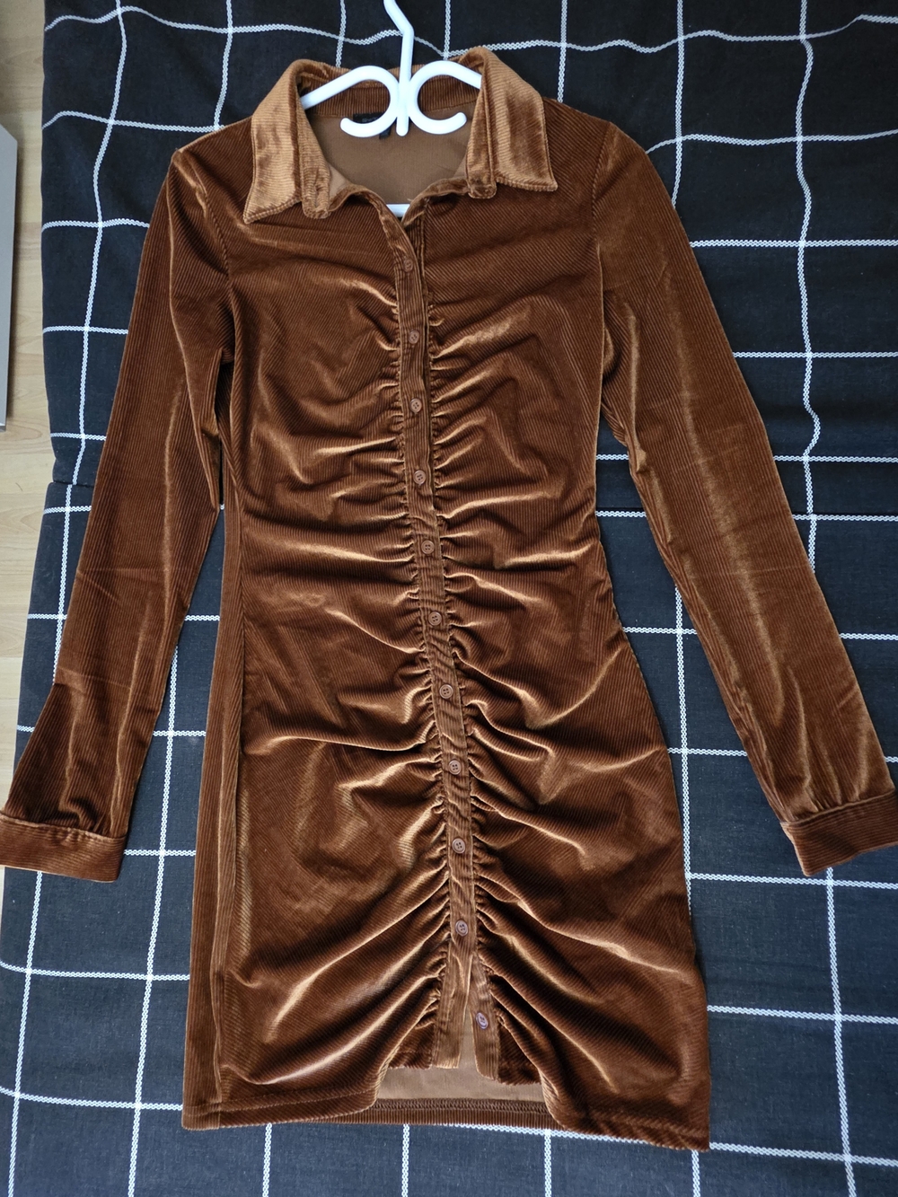 Symphony Rust Velvet Ruched Button-Front Mini Dress - Picture 2 of 4